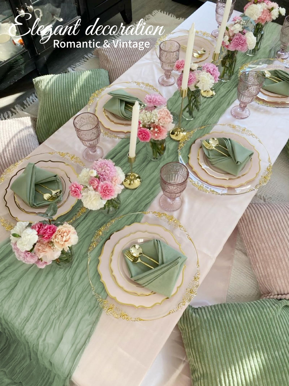 Durable Beautane sage green table runner with easy-care finish.
