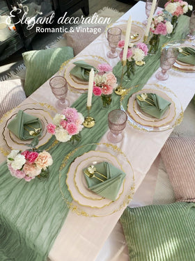 Durable Beautane sage green table runner with easy-care finish.