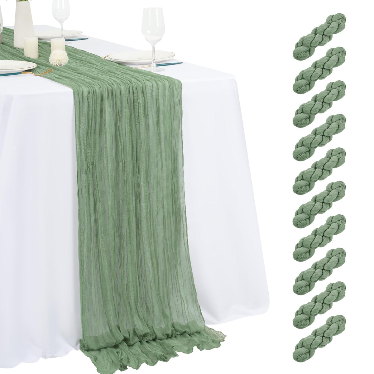 Beautane sage green table runner with pleated drape for elegant event decor.