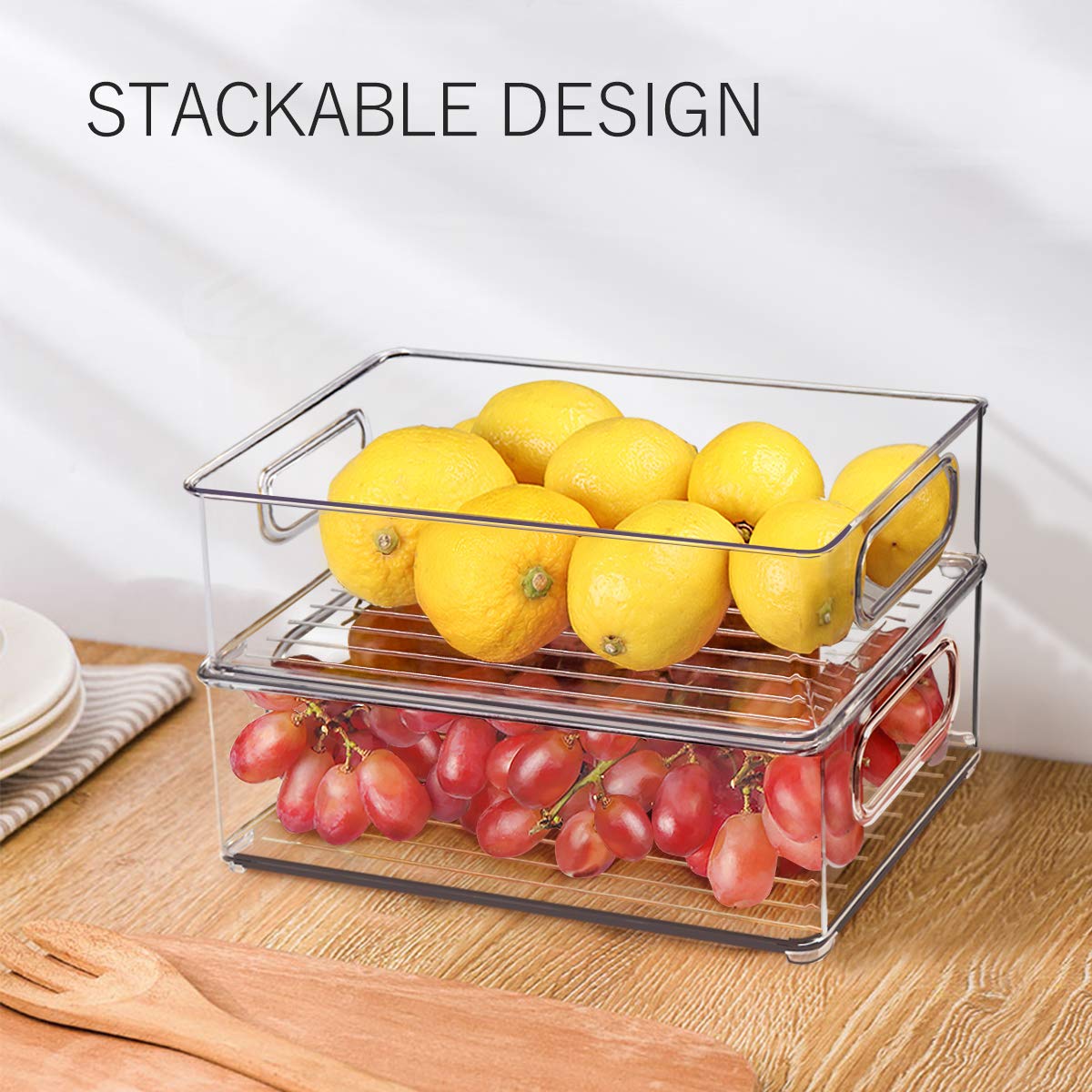 Beauty Cottage stackable bin with convenient handles for easy pulling from high shelves