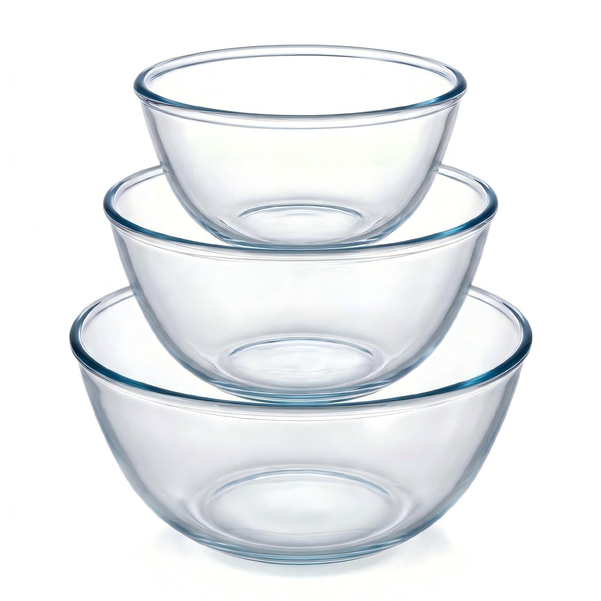 BECFISH borosilicate glass mixing bowls set of three nested for compact storage.