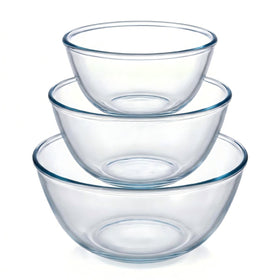 BECFISH borosilicate glass mixing bowls set of three nested for compact storage.