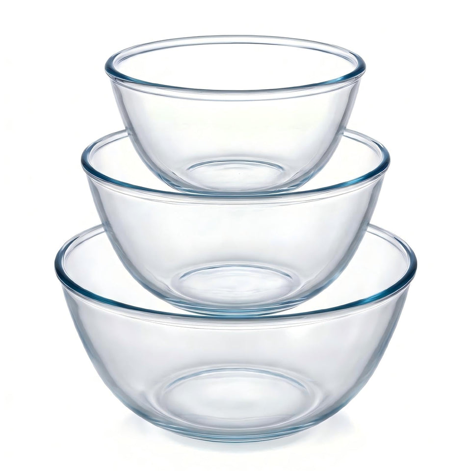 BECFISH borosilicate glass mixing bowls set of three nested for compact storage.