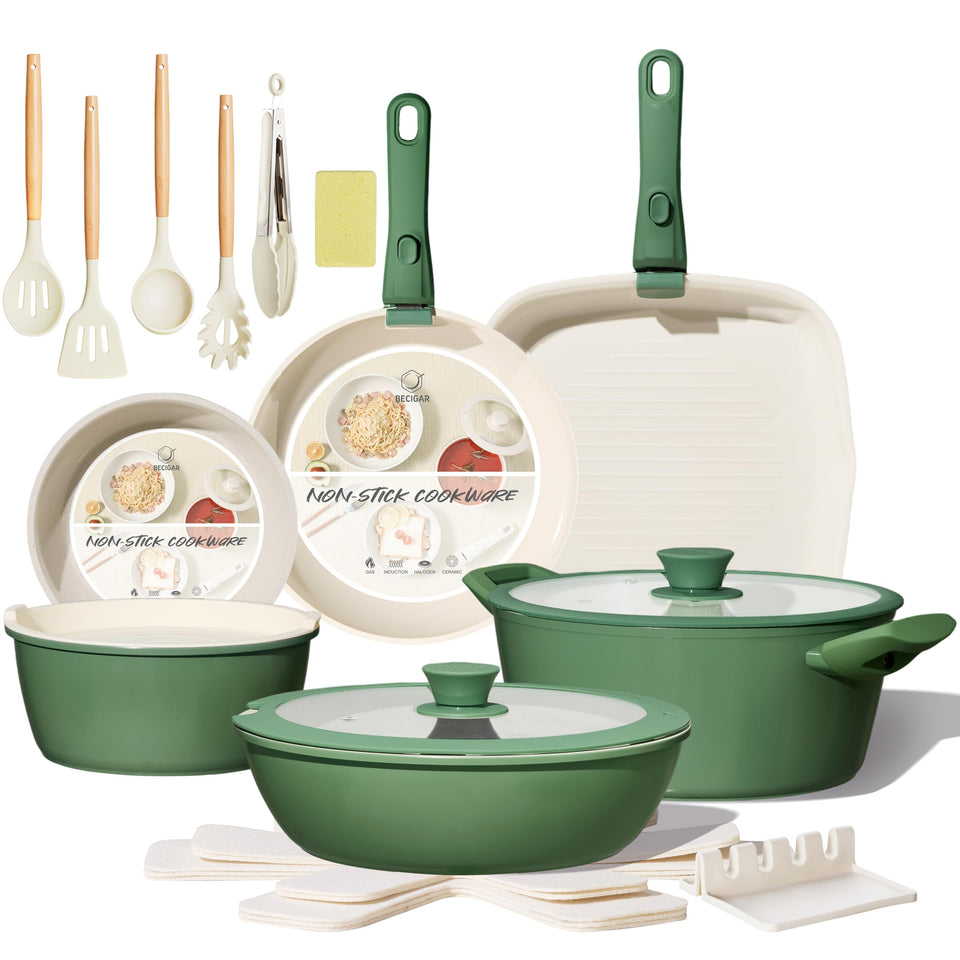 BECIGAR 8-piece ceramic cookware set with space-saving storage.