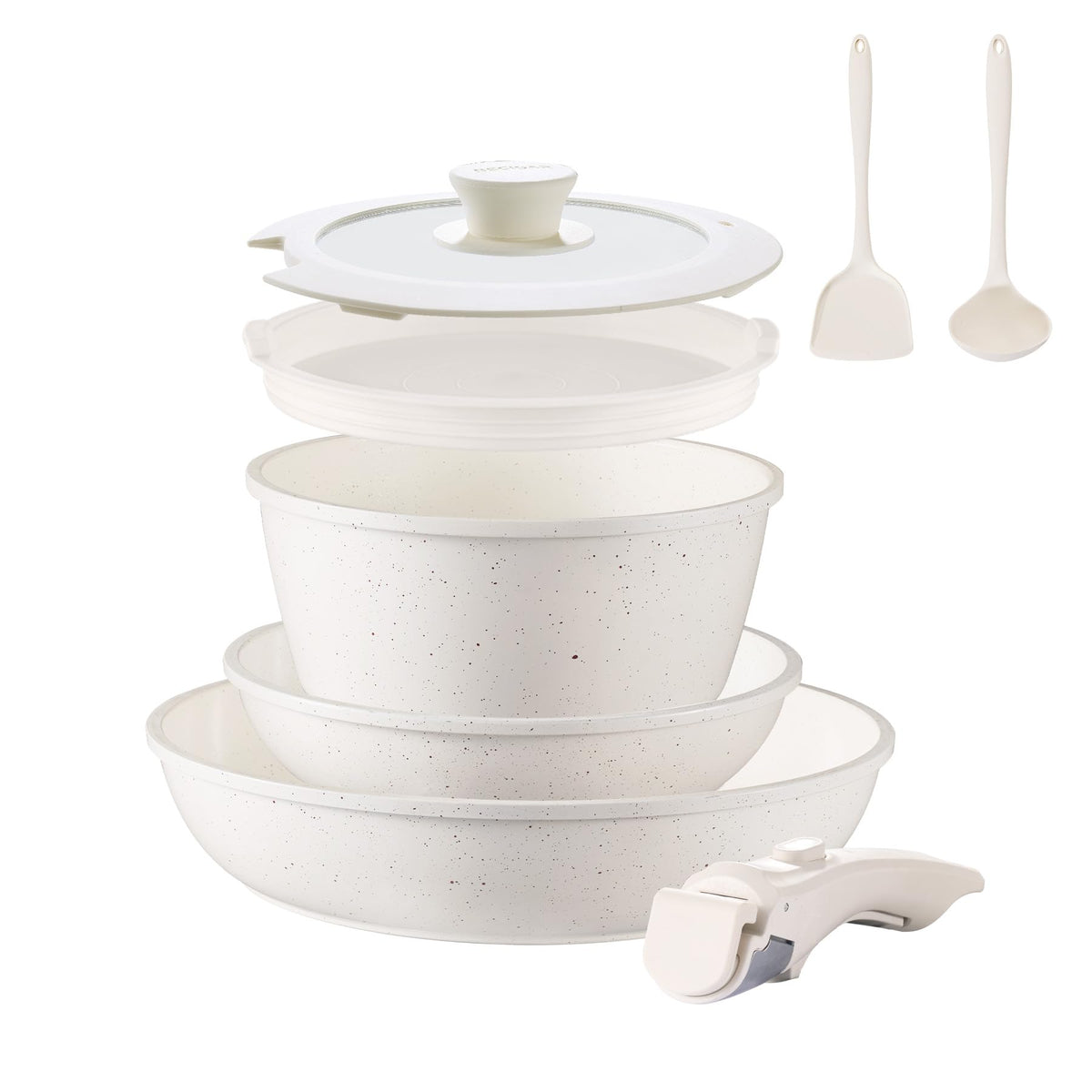 BECIGAR ceramic nonstick 8pc set showing easy food release and quick cleanup