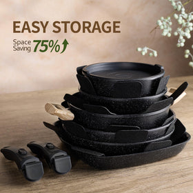 Complete 23-piece set includes pans, pots, lids, and utensils for complete cooking needs.