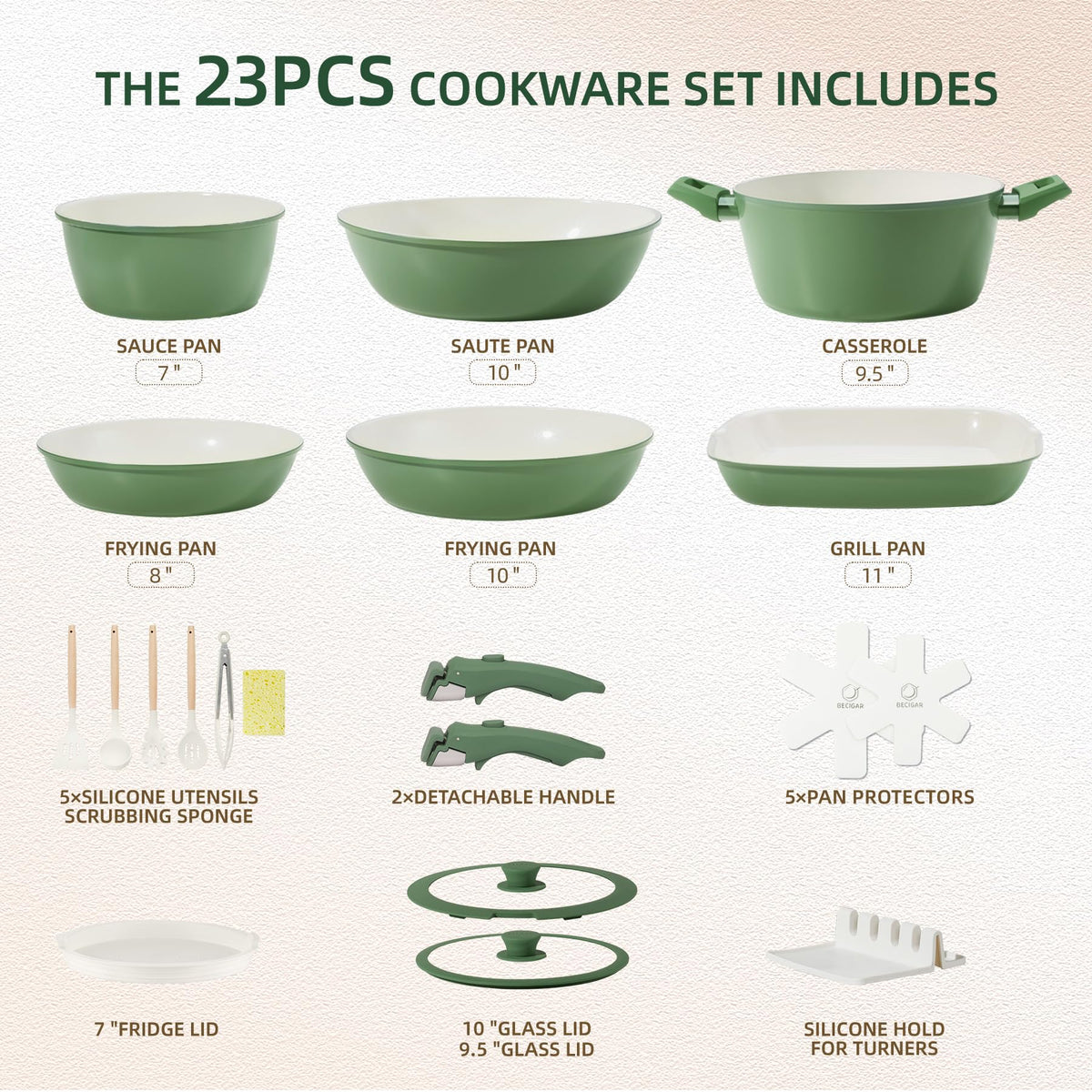 BECIGAR removable-handle cookware highlights oven-ready versatility.