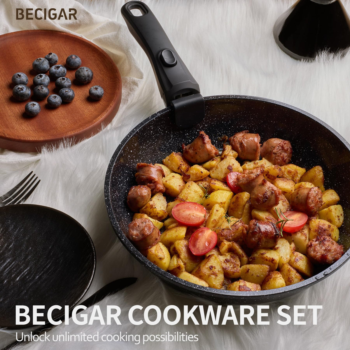 Removable-handle design offers secure storage and stable handling with BECIGAR cookware.