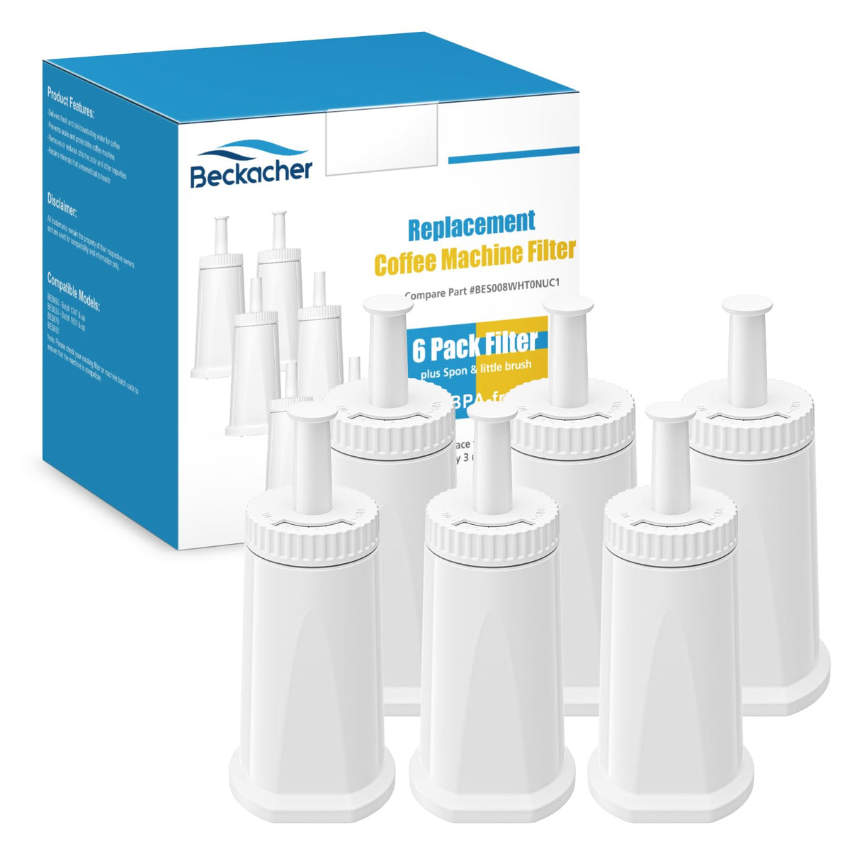 Beckacher six-pack water filters for Breville BES880 reduce chlorine for better coffee flavor.