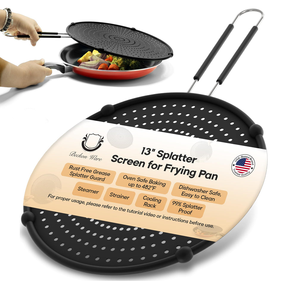 Beckon Ware 13-inch splatter screen shields pan from grease splatter