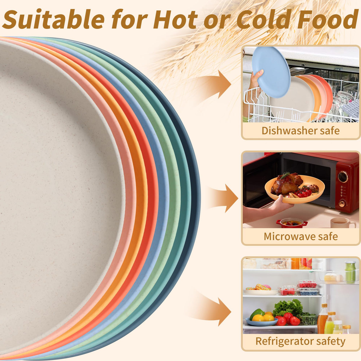 Becutlery 8-pack 9-inch wheat straw plate orange, heat-friendly and microwave safe.