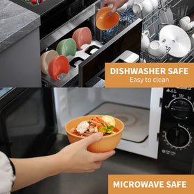 Bowls used for cereal, ramen, and salad in a compact kitchen scene