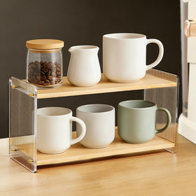 BeeCoAoo 2-Tier Coffee Station Organizer keeps coffee bar organized and accessible.