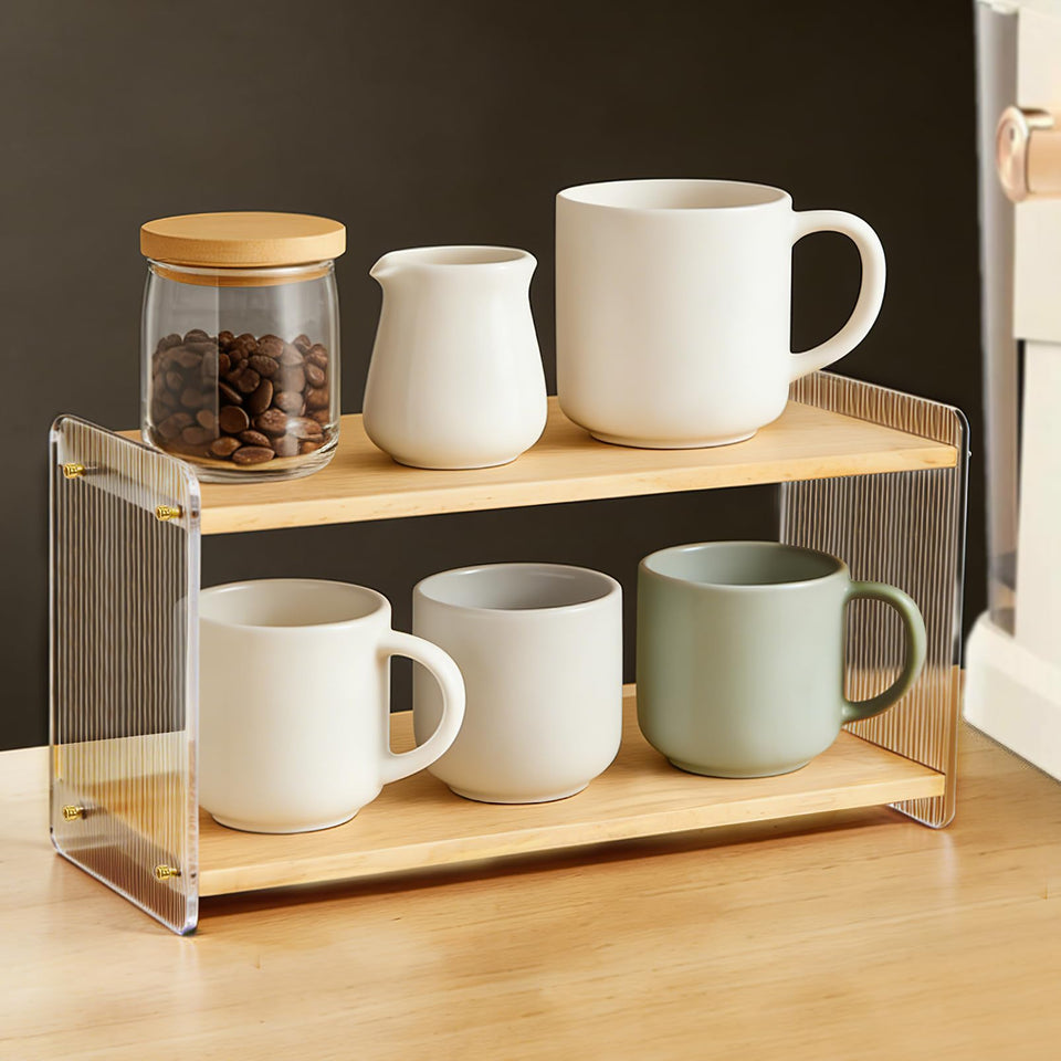 BeeCoAoo 2-Tier Coffee Station Organizer keeps coffee bar organized and accessible.