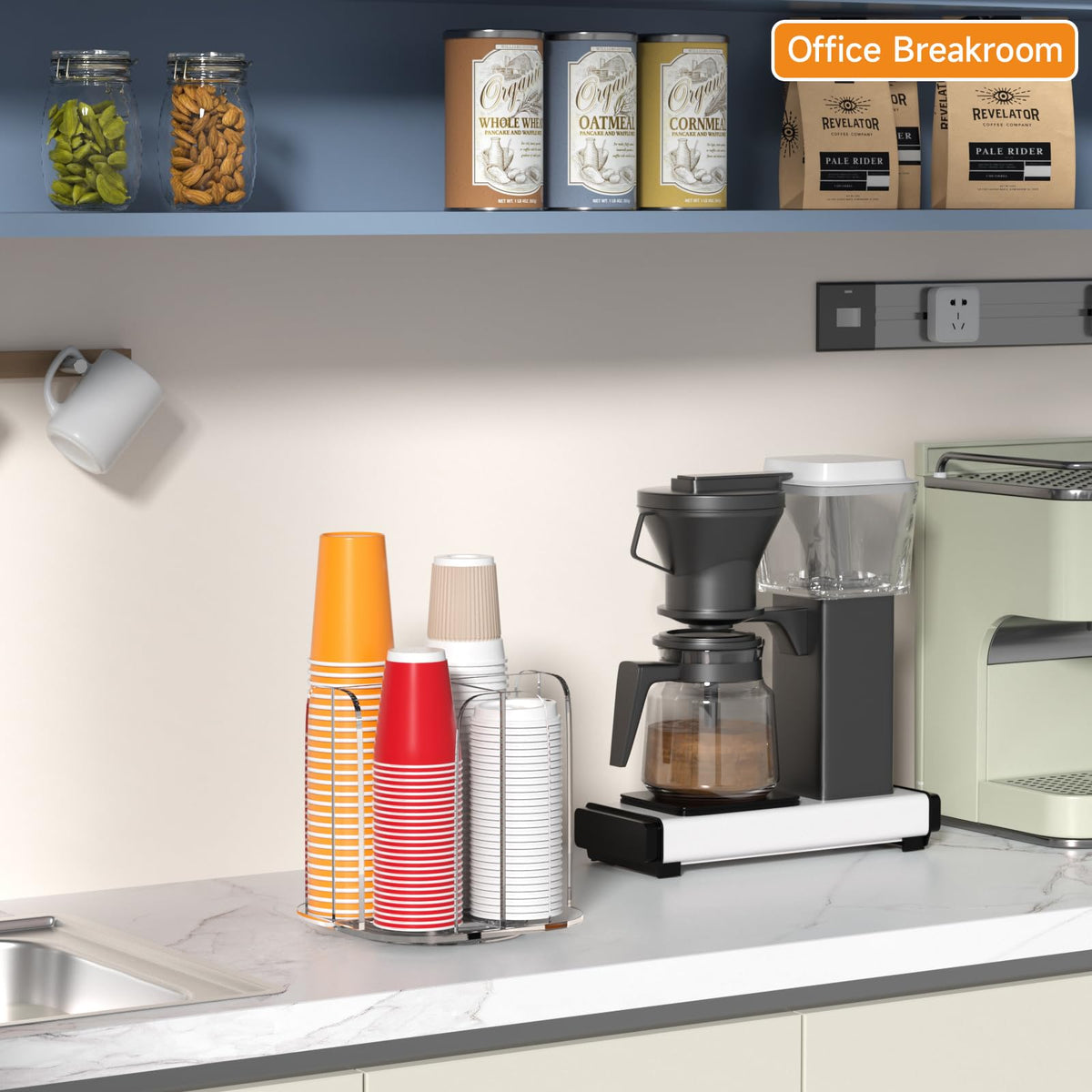 Beego countertop cup organizer neatly stores assorted cup sizes.
