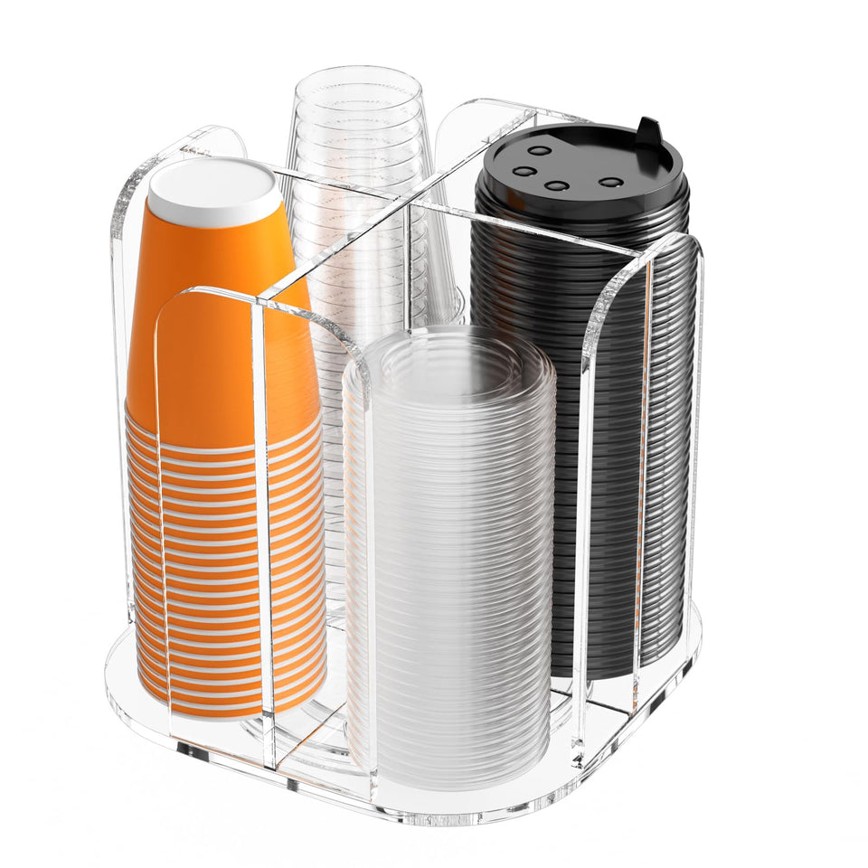 Beego rotatable four-compartment dispenser offers easy access to cups.