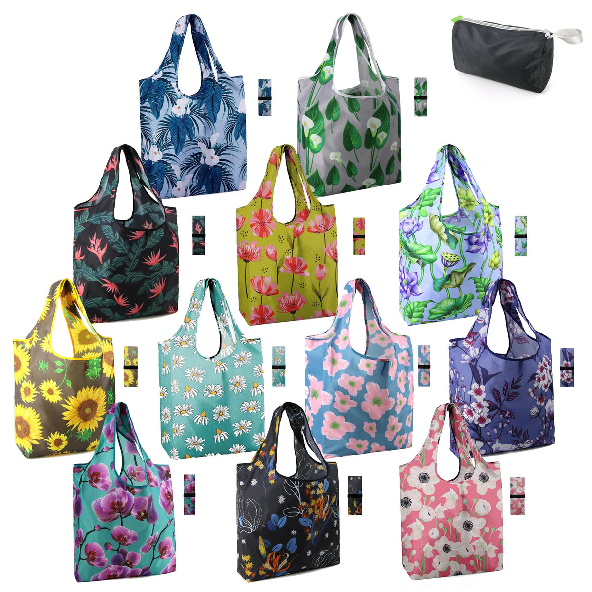 BeeGreen 12-pack flower-pattern foldable bag for groceries and eco-friendly shopping.