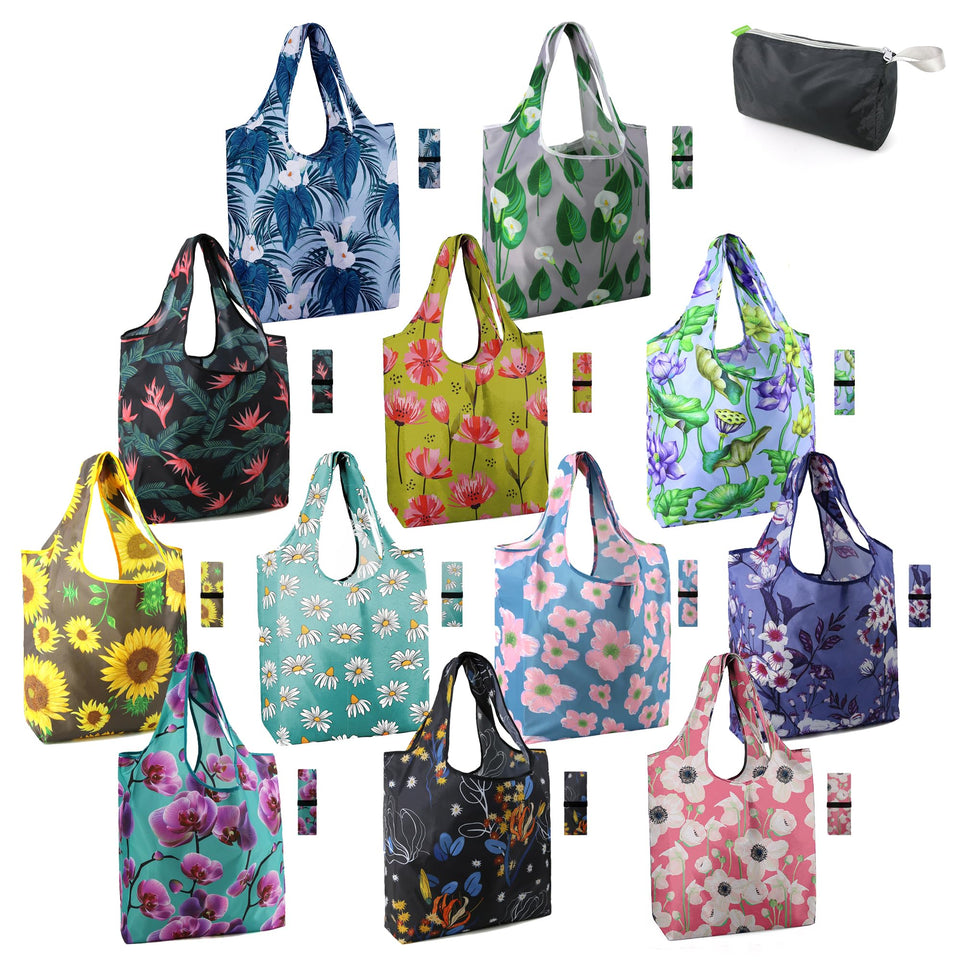 BeeGreen 12-pack flower-pattern foldable bag for groceries and eco-friendly shopping.