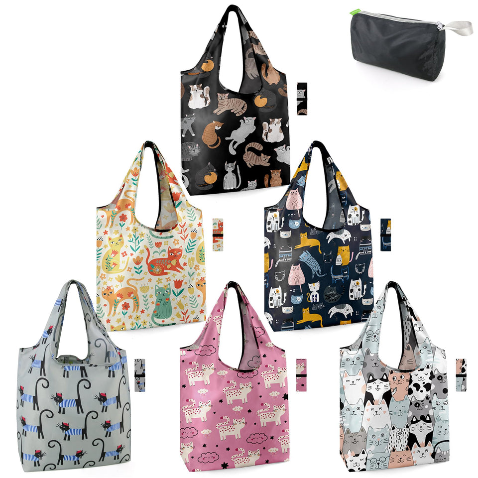 BeeGreen catprints 6pack tote bags showing playful designs for groceries and daily use