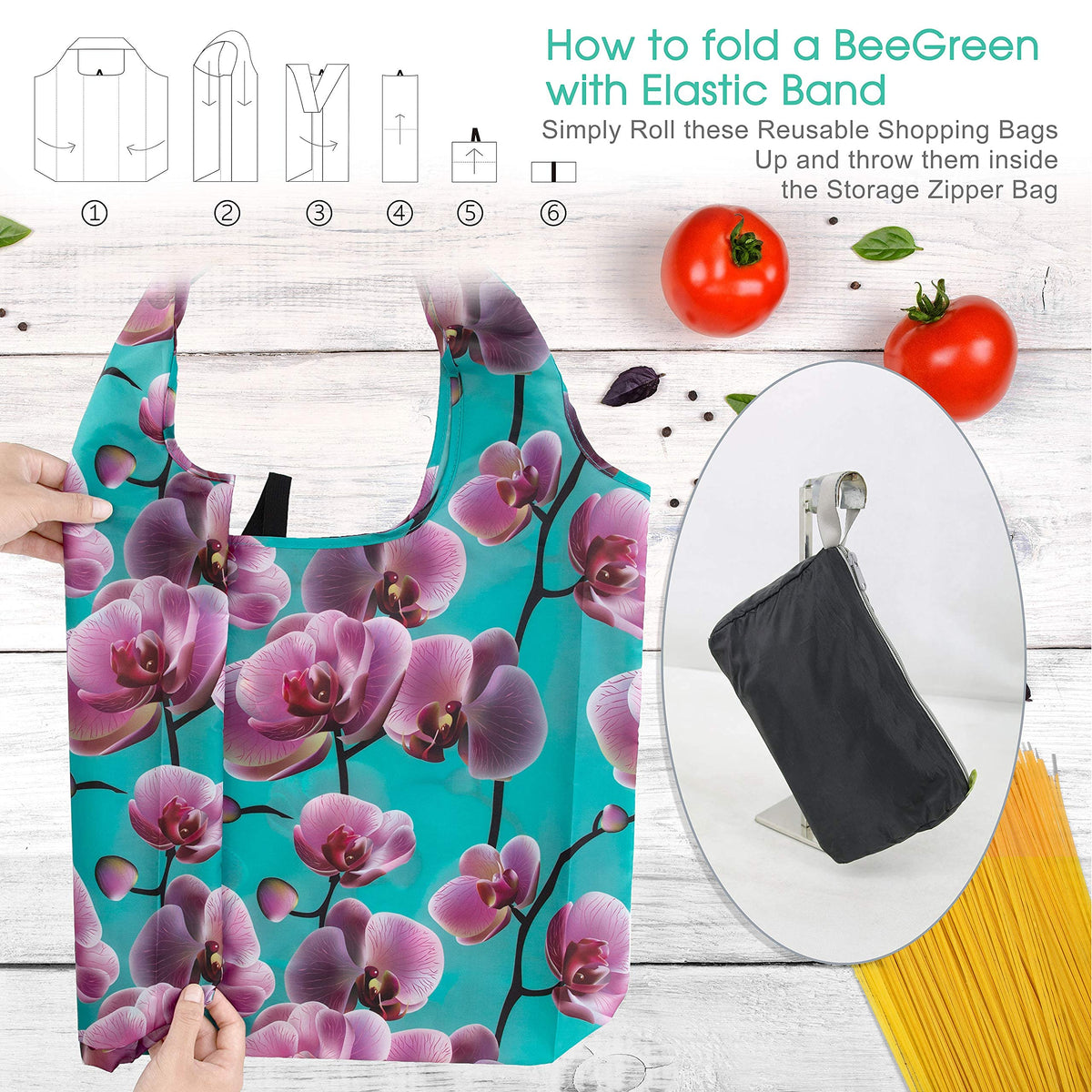 BeeGreen foldable bags fit compactly into pouches for easy storage.