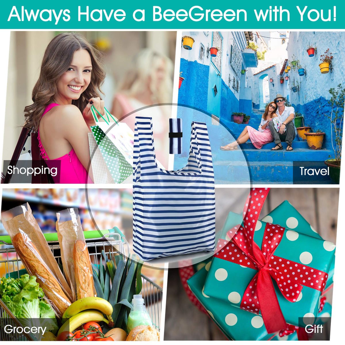 BeeGreen heavy-duty grocery bags shown in action, ready to carry heavy groceries.