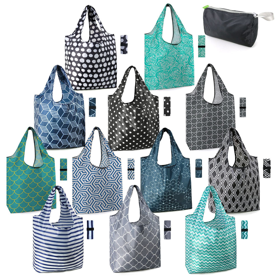 BeeGreen reusable bags with geometric pattern roll for compact storage and portability