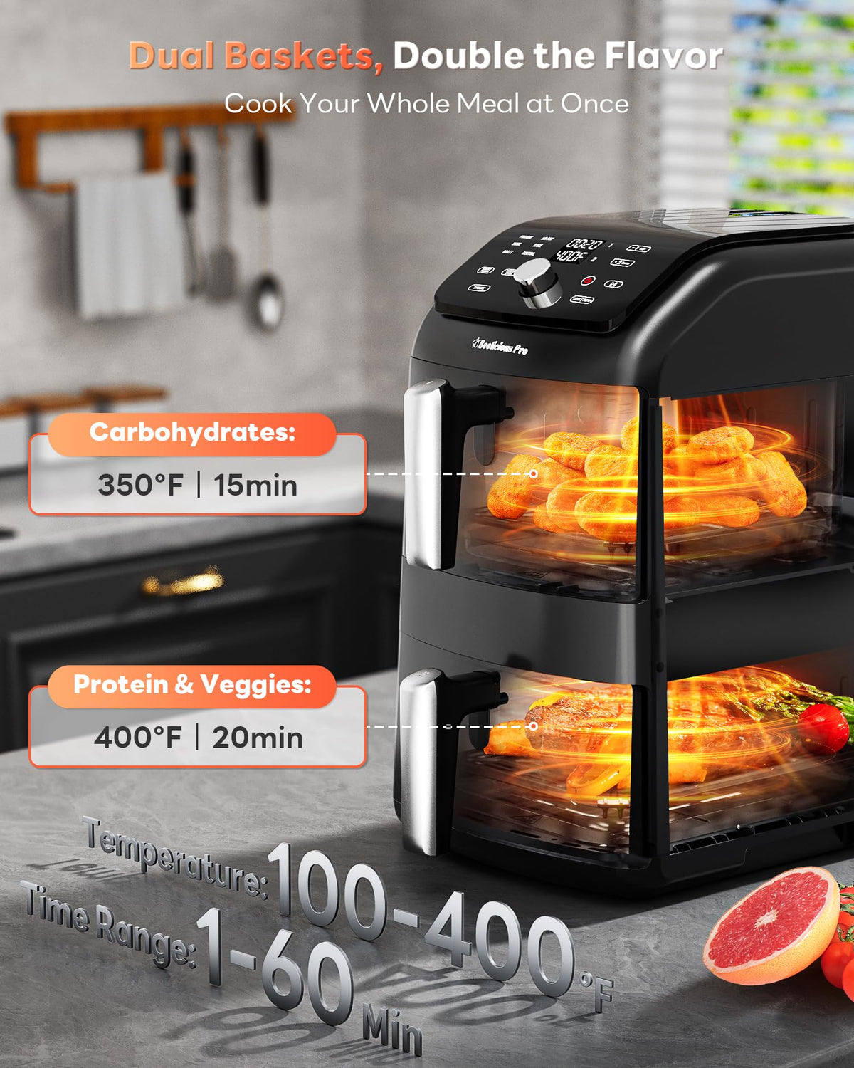 Beelicious Pro 12QT lower basket cooking fish or steaks evenly