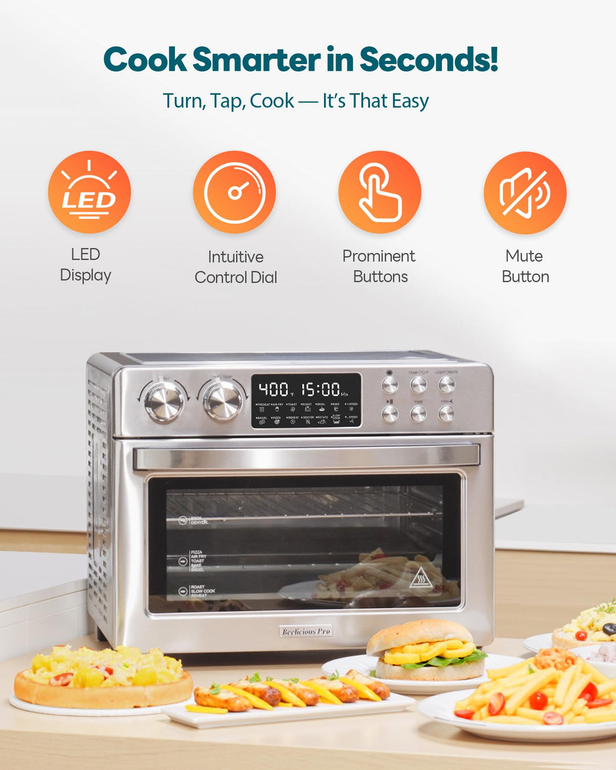 Beelicious Pro includes rotisserie, basket, racks, pan, and tray