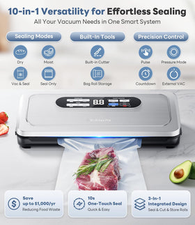 Beelicious Pro vacuum sealer built-in cutter and roll storage shown for tidy meal prep