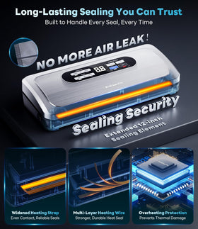 Beelicious Pro vacuum sealer control panel close-up shows 10-in-1 settings for dry or moist sealing