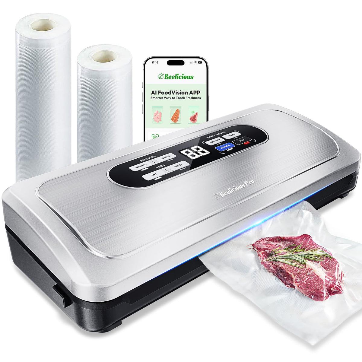 Beelicious Pro vacuum sealer front view shows sleek stainless steel for efficient meal prep
