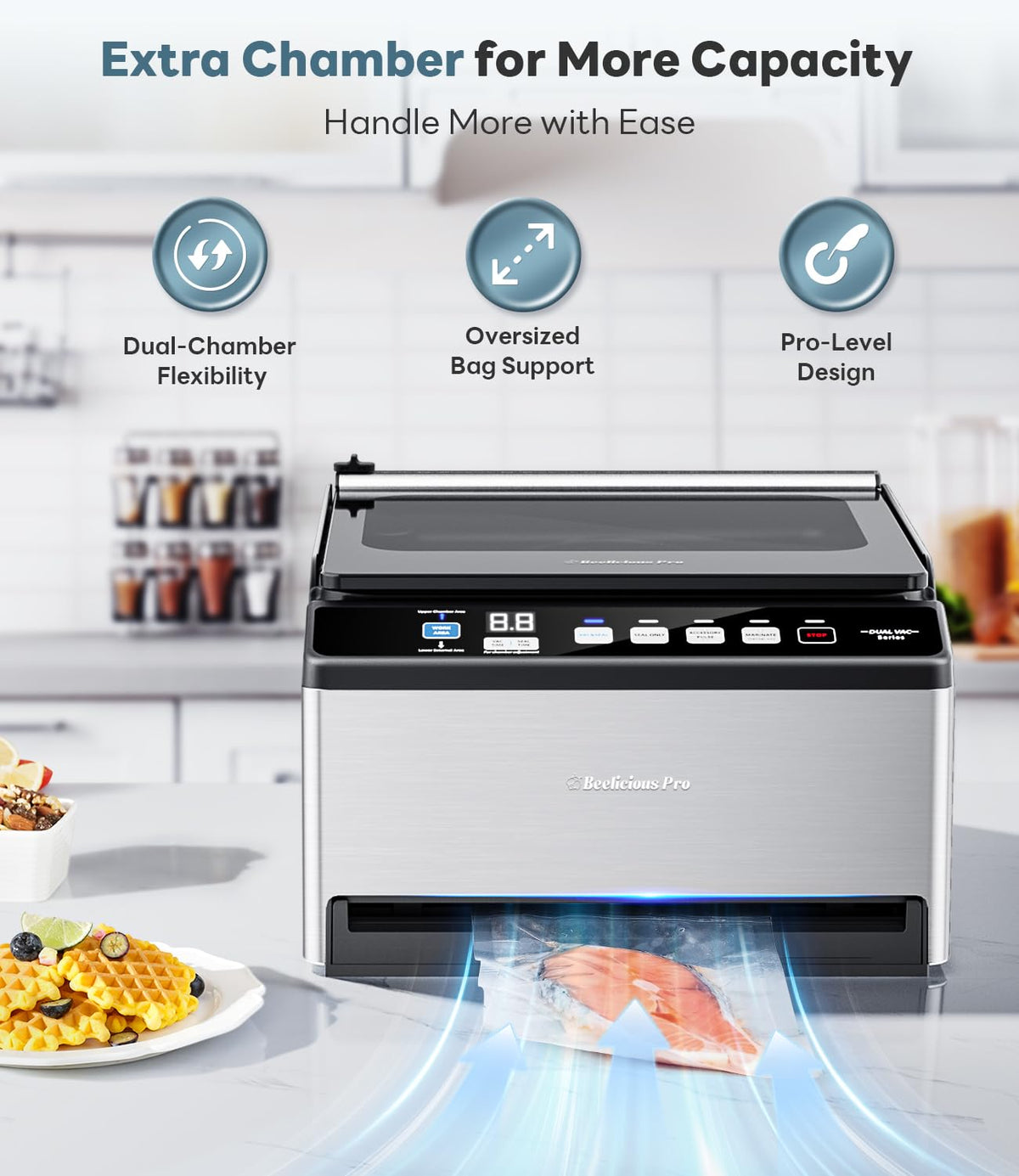 Beelicious Pro CVS101 angled control panel offers easy viewing during sealing cycles.