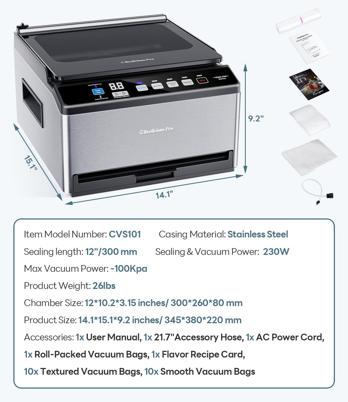 Beelicious Pro CVS101 dual-core vacuum system provides strong suction and fast cycles.