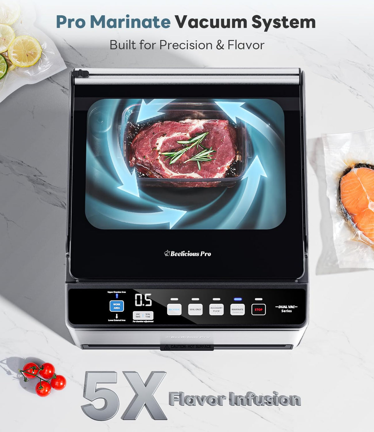 Beelicious Pro CVS101 external vacuum area for oversized bags and out-of-chamber sealing.