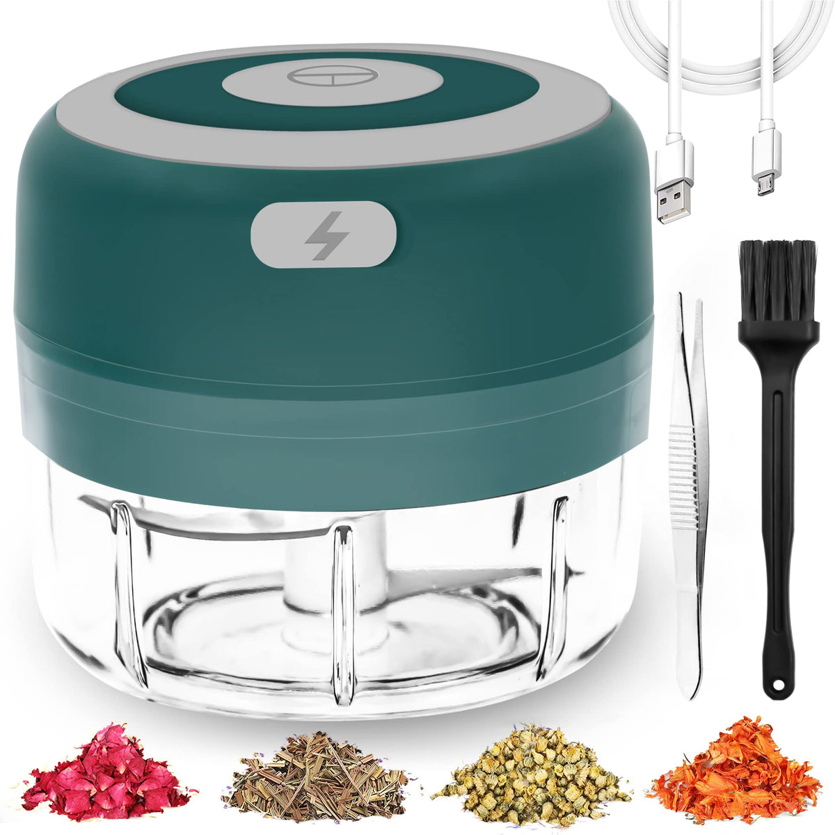 Beerfingo electric herb grinder front view shows compact design.