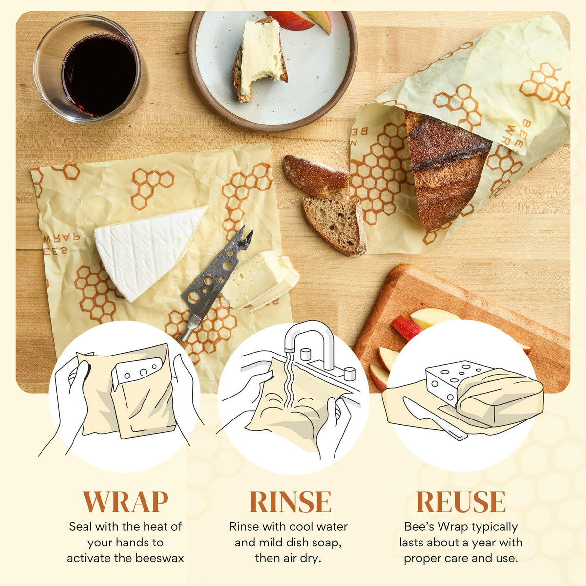 Bee's Wrap large honeycomb print bowl cover protecting leftovers with breathable material