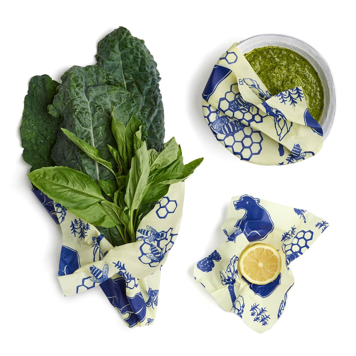 Bee's Wrap large wrap with blue bees and bears print for produce and bowls