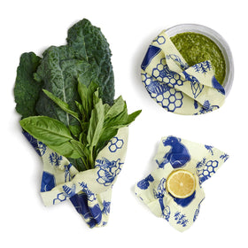 Bee's Wrap large wrap with blue bees and bears print for produce and bowls