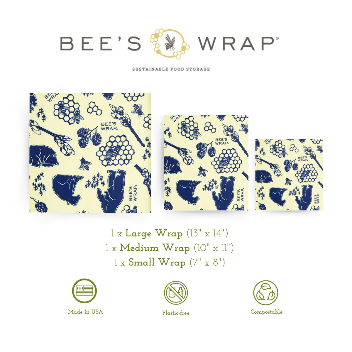 Bee's Wrap medium wrap with blue bees and bears print for sandwiches and cheese