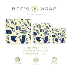 Bee's Wrap medium wrap with blue bees and bears print for sandwiches and cheese