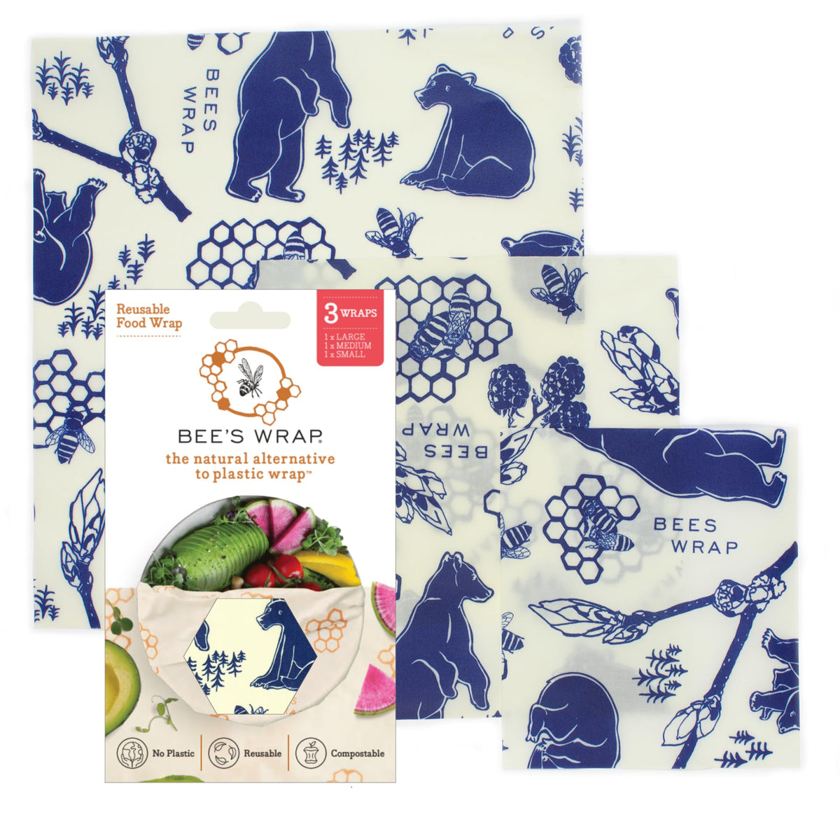 Bee's Wrap small wrap with blue bees and bears print for snacks and freshness