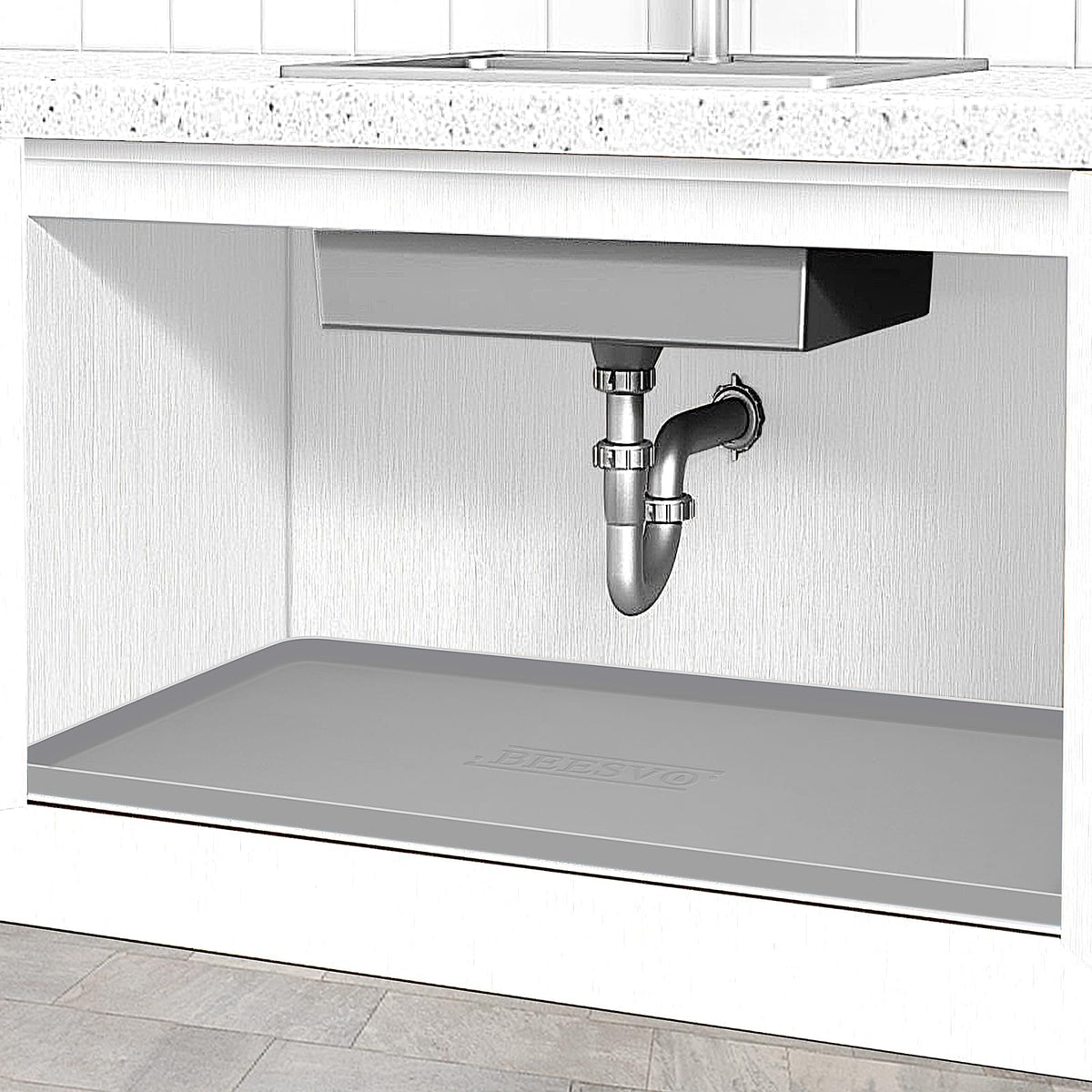 BeesVo under sink mat full-coverage layout under the kitchen cabinet.