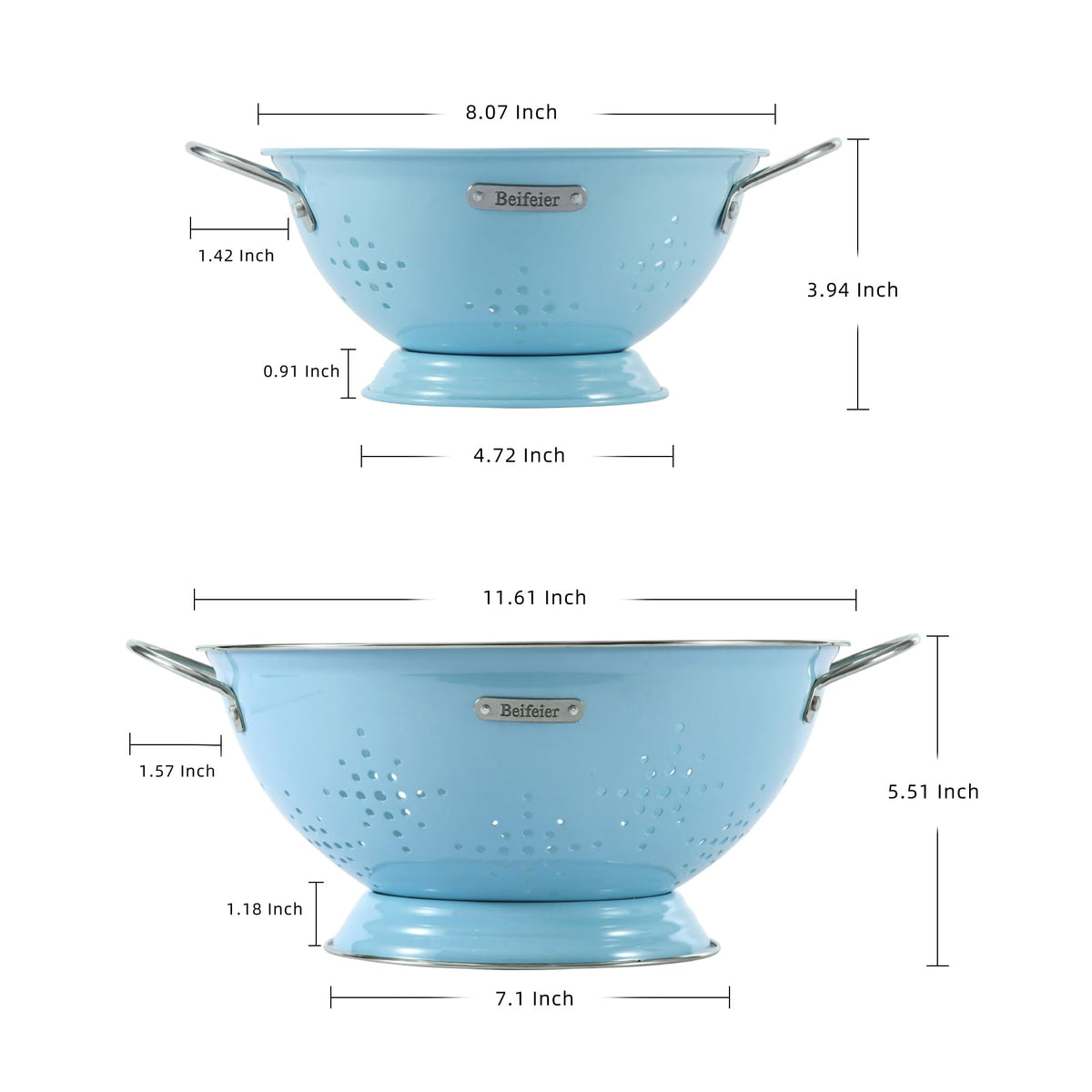 BeFare 1.5qt colander side view highlighting compact size.