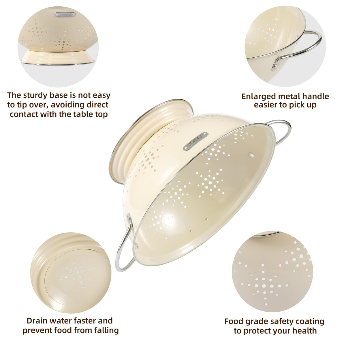 BeFare colander with a wide base that prevents tipping on the counter.