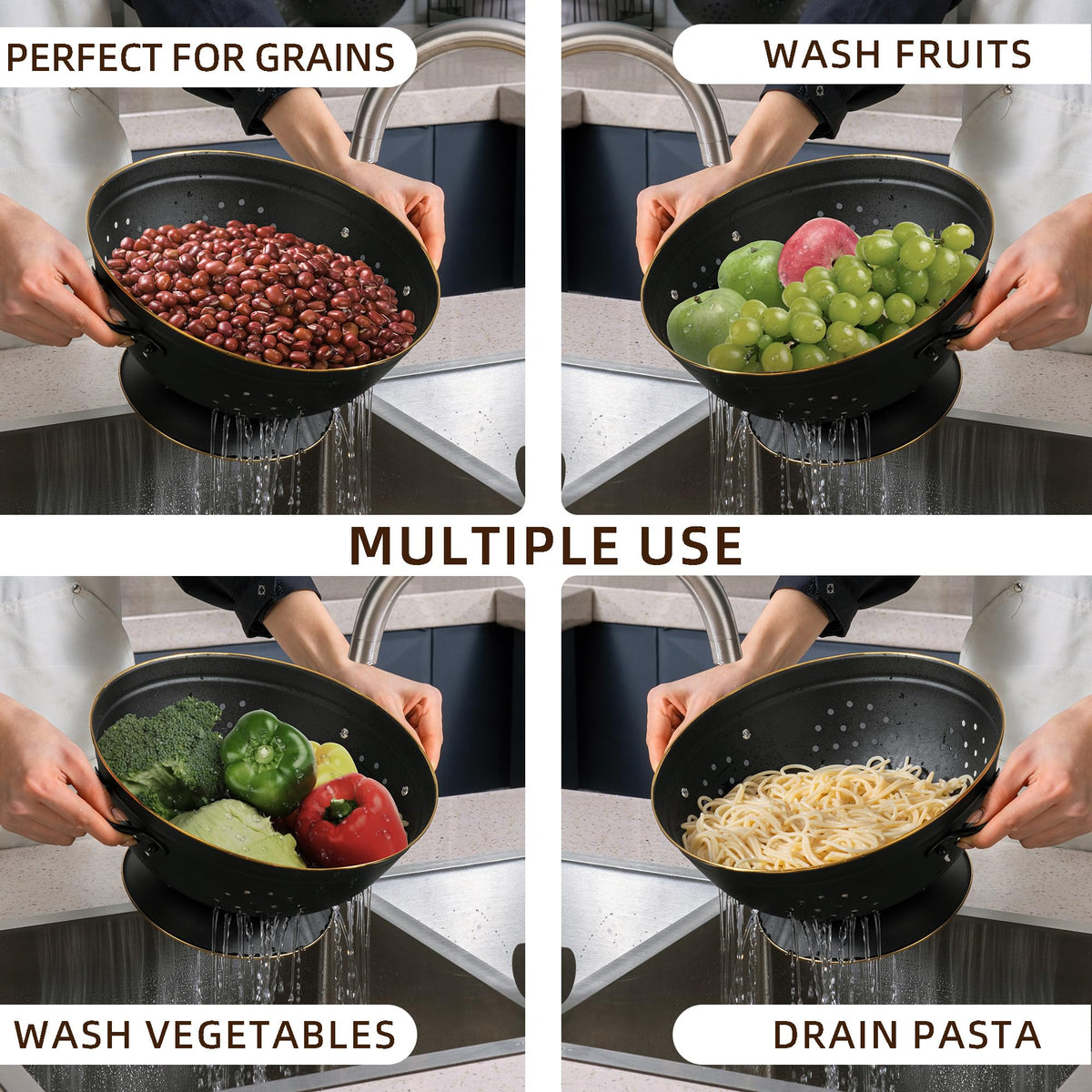 Dishwasher-safe BeFare colanders with powder-coated finish