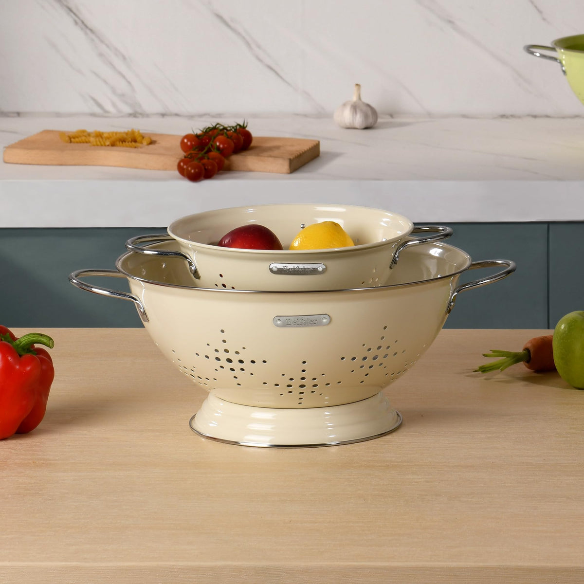 BeFare almond cream finish colander set is dishwasher safe for easy cleaning.