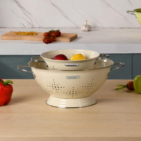 BeFare almond cream finish colander set is dishwasher safe for easy cleaning.