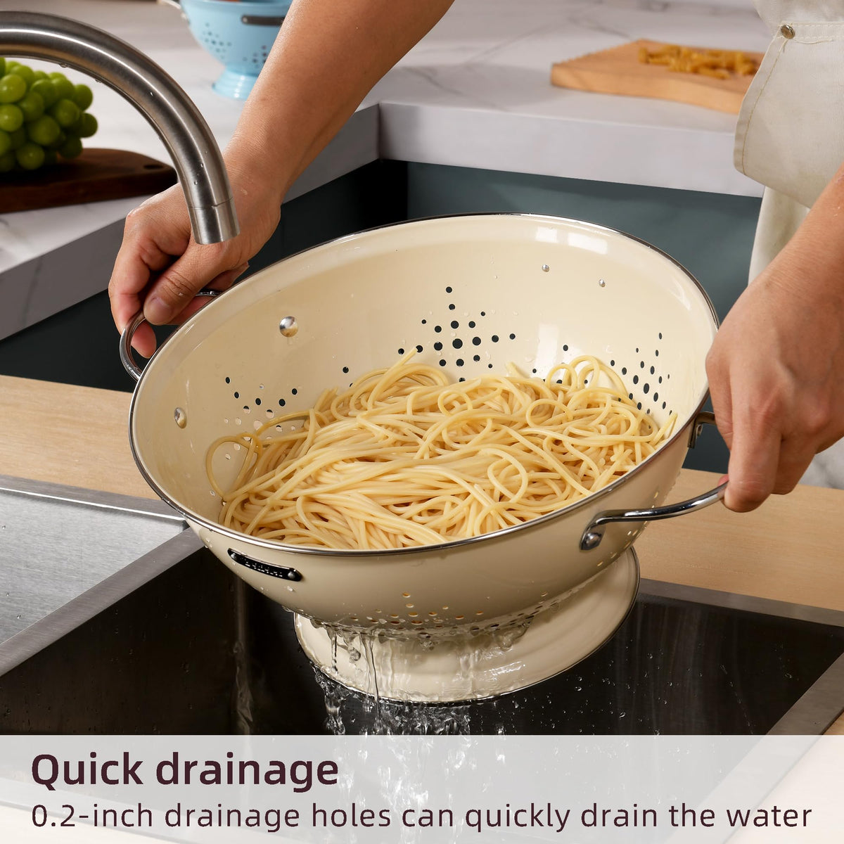 BeFare colander with reinforced handles ideal for pasta, veggies, and fruit prep.