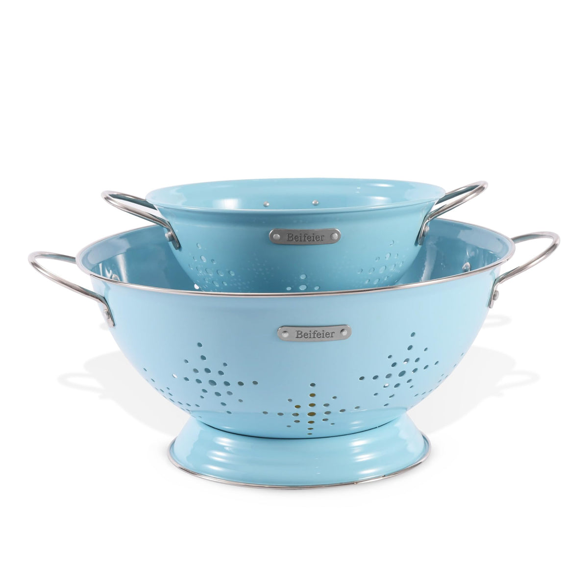 BeFare metal colander 2-pack with handles—sturdy grip for safe lifting.