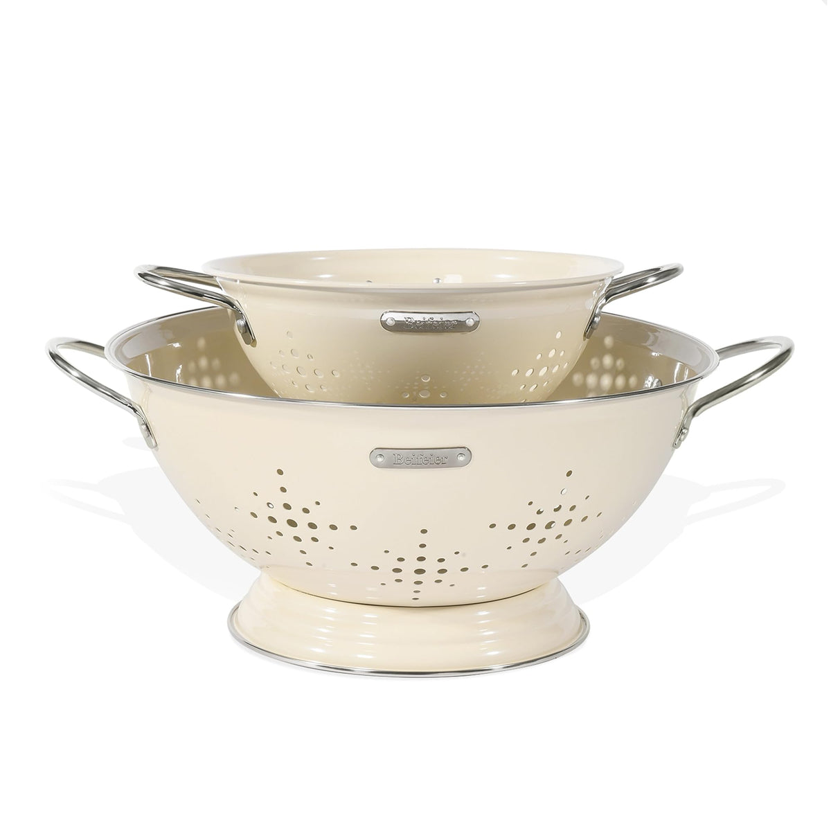 BeFare metal colander 2qt with sturdy riveted handles for easy rinsing.